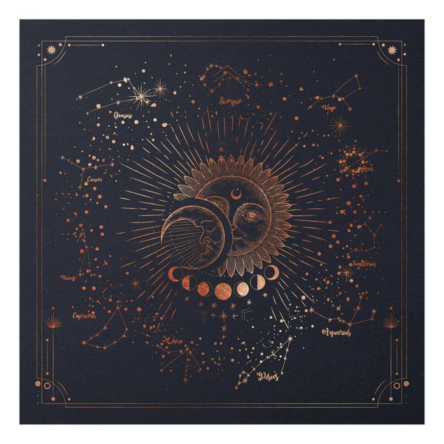 Wanddeko Esszimmer Astrologie Sonne Mond und Sterne Blau Gold