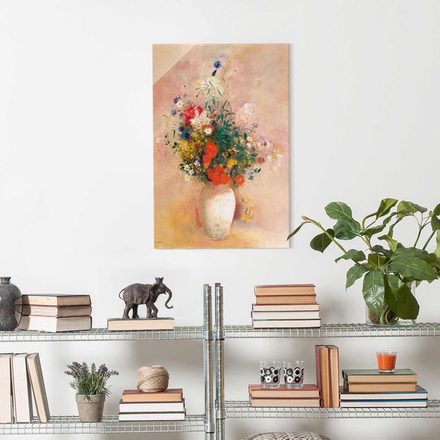 Wanddeko bunt Odilon Redon - Vase mit Blumen (rosenfarbener Hintergrund)