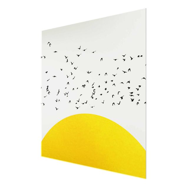 Wanddeko Treppenhaus Vogelschwarm vor gelber Sonne