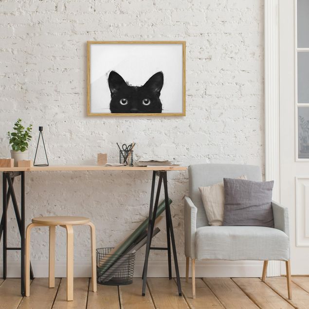 Wanddeko Flur Illustration Schwarze Katze auf Weiß Malerei