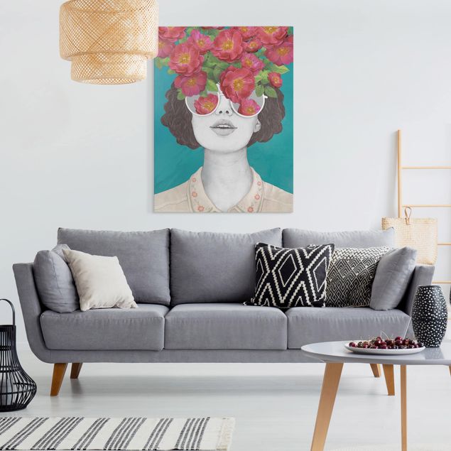 Wanddeko Wohnzimmer Illustration Portrait Frau Collage mit Blumen Brille