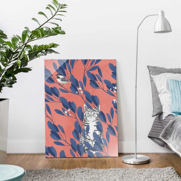 Wanddeko Schlafzimmer Illustration Katze und Vogel auf Ast Blau Rot