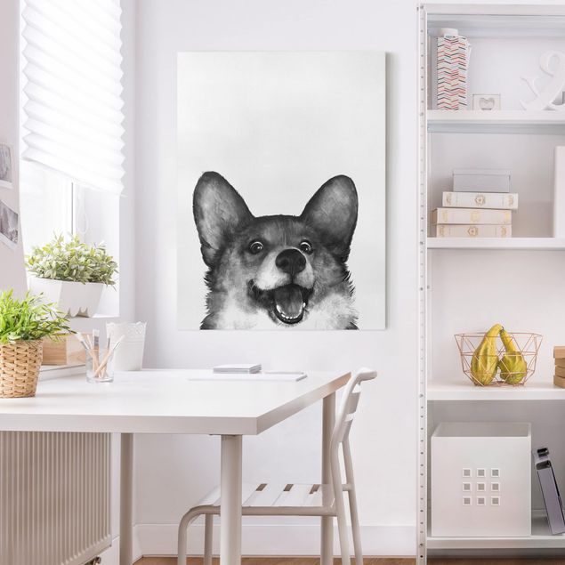 Wanddeko Wohnzimmer Illustration Hund Corgi Weiß Schwarz Malerei