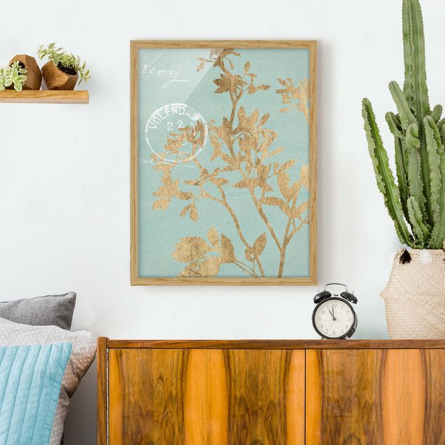 Wanddeko Wohnzimmer Goldene Blätter auf Turquoise II
