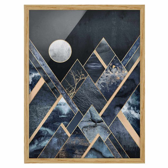 Wanddeko Flur Goldener Mond abstrakte schwarze Berge