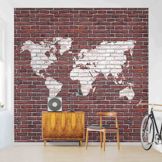 Wanddeko Wohnzimmer Backstein Weltkarte