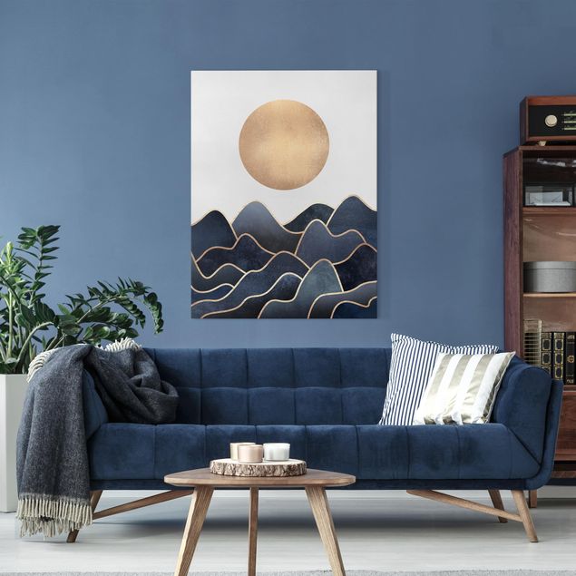 Wanddeko Wohnzimmer Goldene Sonne blaue Wellen