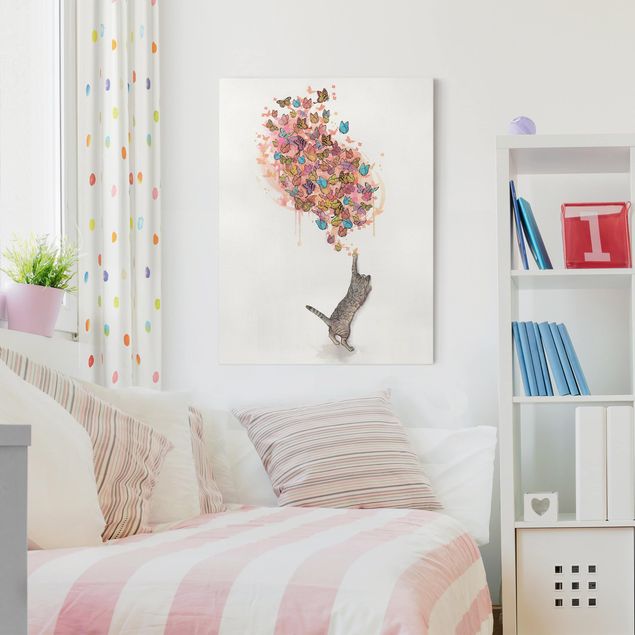 Wanddeko Wohnzimmer Illustration Katze mit bunten Schmetterlingen Malerei