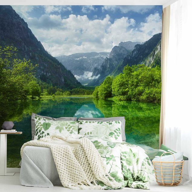 Wanddeko Wohnzimmer Bergsee mit Spiegelung