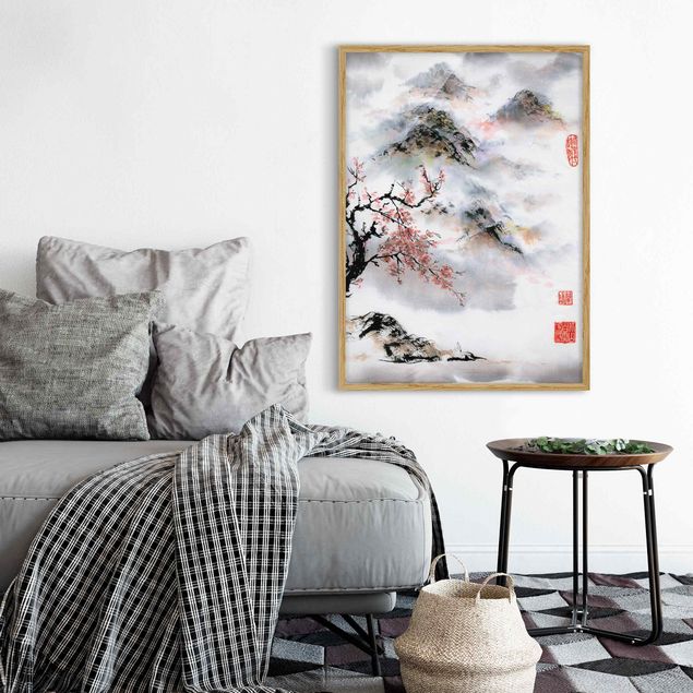 Wanddeko Blume Japanische Aquarell Zeichnung Kirschbaum und Berge