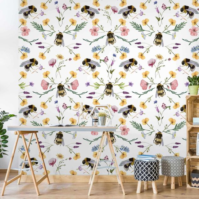 Wanddeko Wohnzimmer Bienen mit Blumen