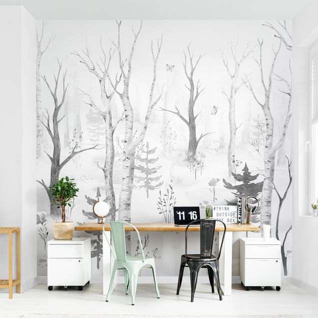 Wanddeko Büro Birkenwald mit Mohnblumen Schwarz Weiß