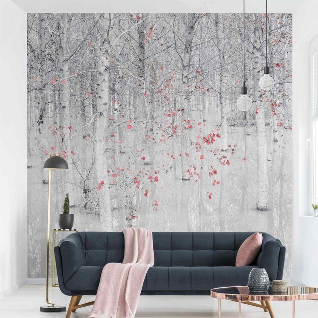 Wanddeko Wohnzimmer Birkenwald mit rosa Blättern