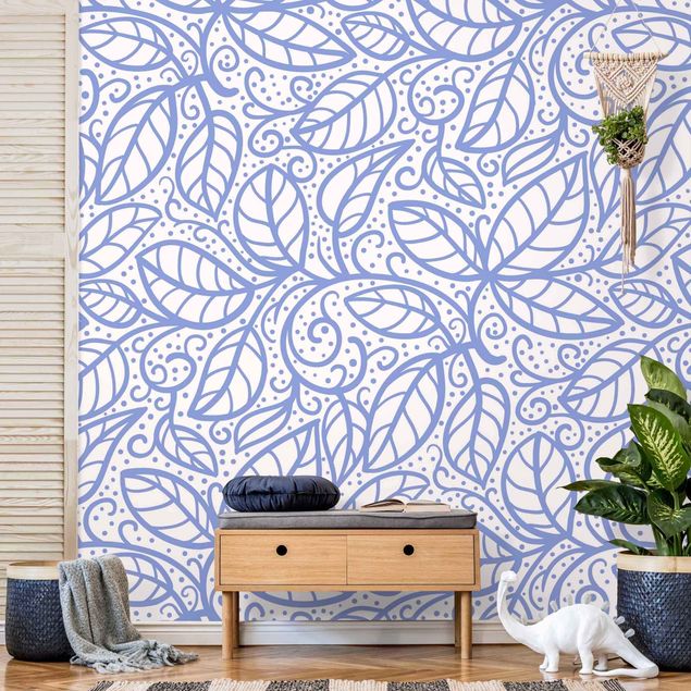 Wanddeko Wohnzimmer Blattmuster Boho mit Punkten in Blauviolett