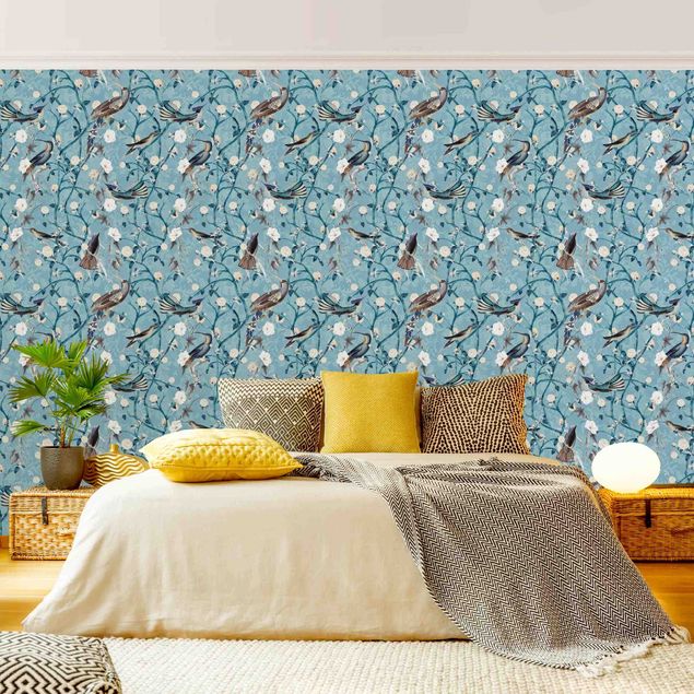 Wanddeko Schlafzimmer Blaue Blumenranken mit Vögeln