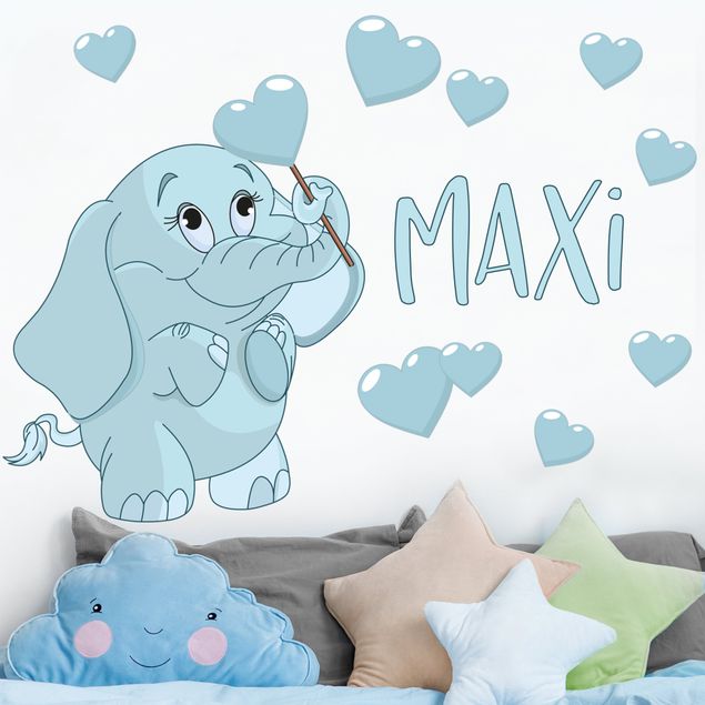 Babyzimmer Deko Blauer Babyelefant mit vielen Herzen