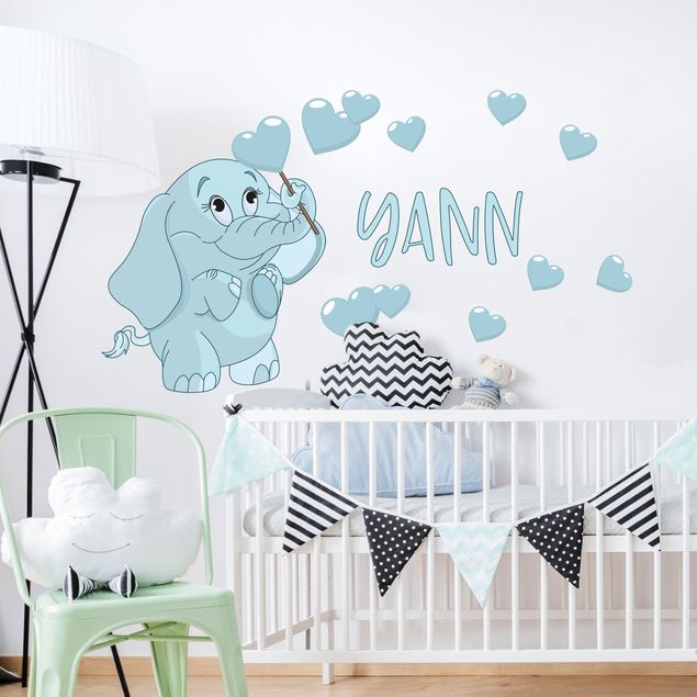 Wanddeko Büro Blauer Babyelefant mit vielen Herzen