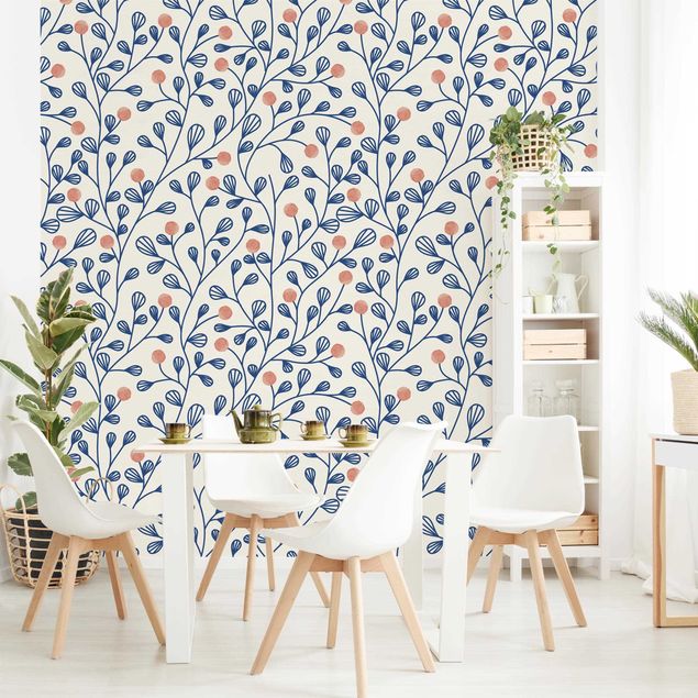 Wanddeko Wohnzimmer Blaues Pflanzen Muster mit Punkten in Rosa
