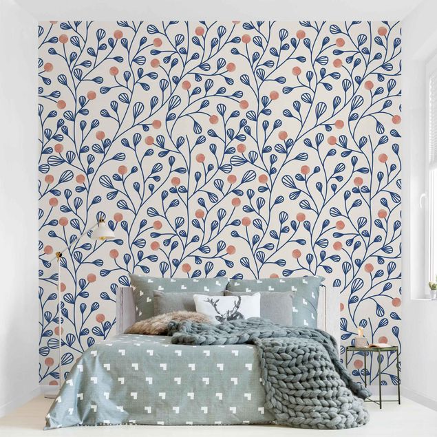 Wanddeko Schlafzimmer Blaues Pflanzen Muster mit Punkten in Rosa