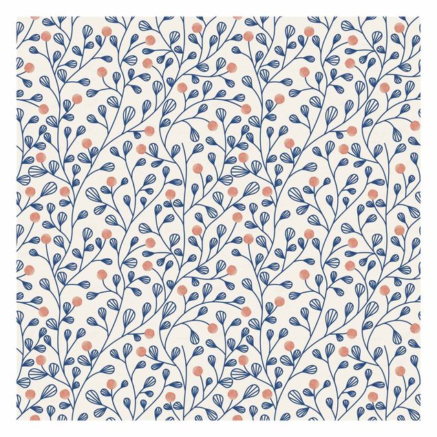 Wanddeko Büro Blaues Pflanzen Muster mit Punkten in Rosa