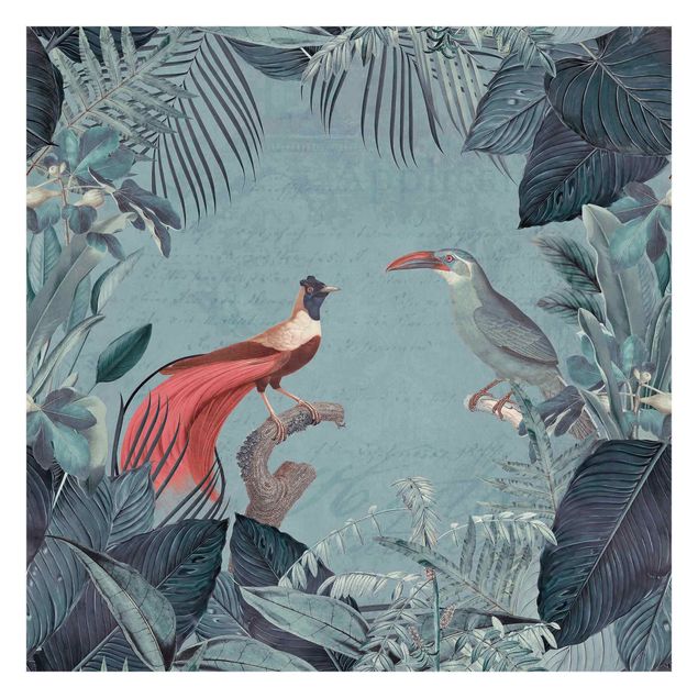 Wanddeko Büro Blaugraues Paradies mit tropischen Vögeln