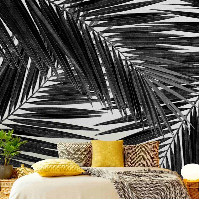 Wohndeko Botanik Blick durch Palmenblätter schwarz weiß