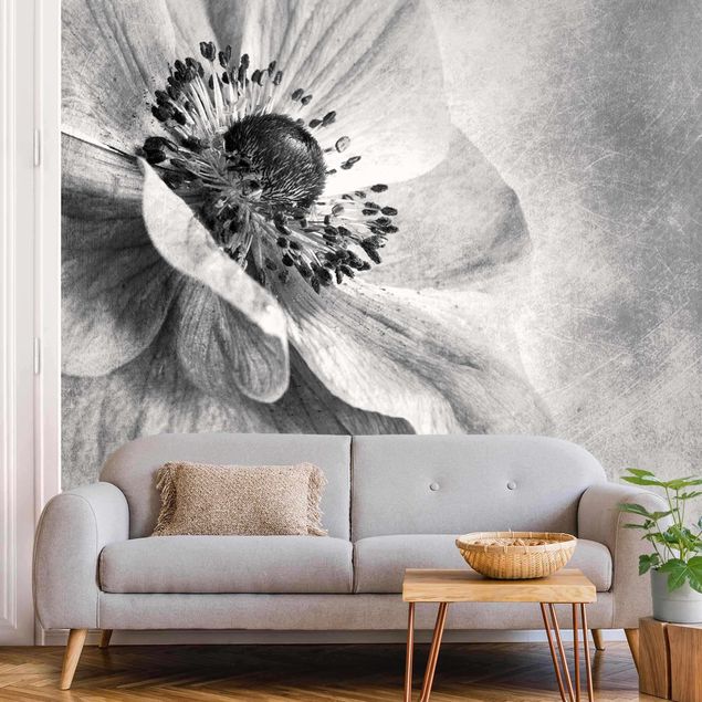 Wanddeko Wohnzimmer Blüte in Türkis Schwarz-Weiß