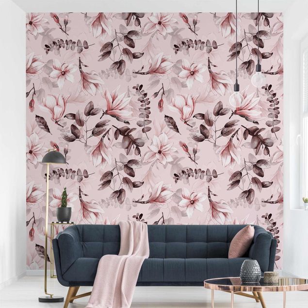 Wanddeko Wohnzimmer Blüten mit Grauen Blättern vor Rosa