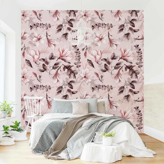 Wanddeko Schlafzimmer Blüten mit Grauen Blättern vor Rosa