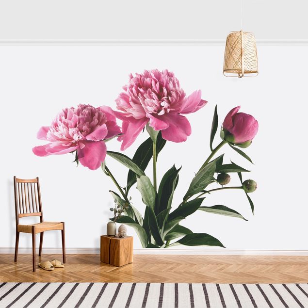 Wanddeko Wohnzimmer Blüten und Knospen Pink auf Weiß
