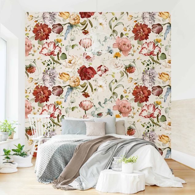 Wanddeko Wohnzimmer Blumen Aquarell Vintage Muster auf Beige