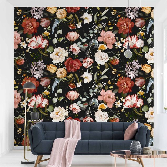 Wanddeko Schlafzimmer Blumen Aquarell Vintage Muster auf Schwarz