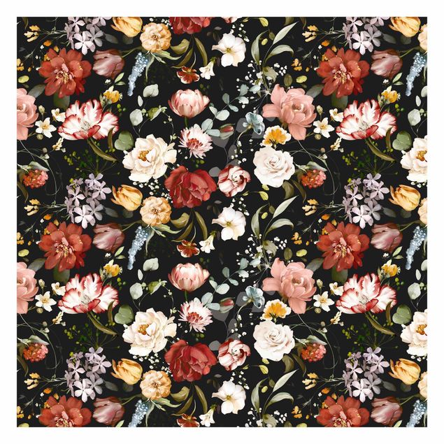 Wanddeko über Sofa Blumen Aquarell Vintage Muster auf Schwarz