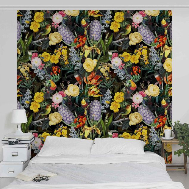 Wanddeko Wohnzimmer Blumen mit Tropischen Vögeln Bunt