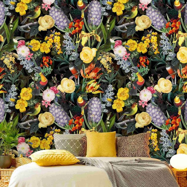 Wanddeko Schlafzimmer Blumen mit Tropischen Vögeln Bunt