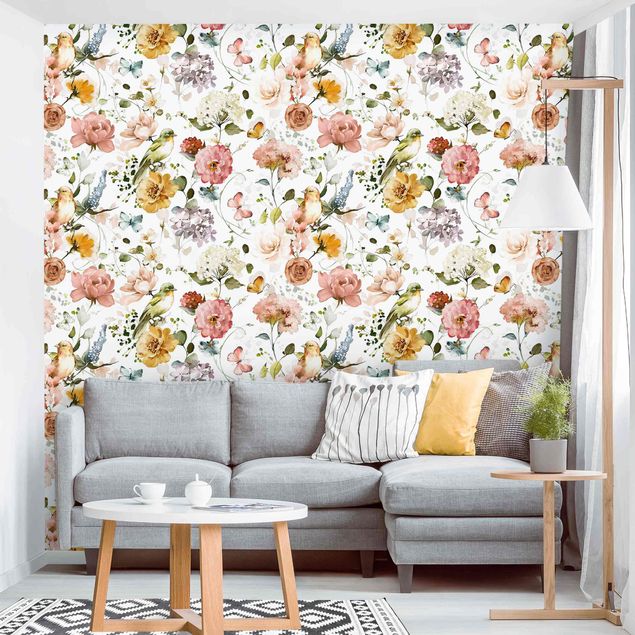 Wanddeko Wohnzimmer Blumen und Vögel Aquarell Muster