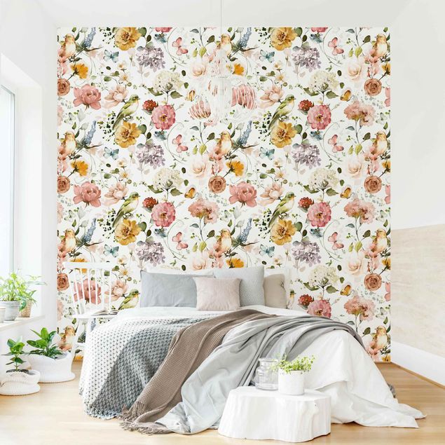 Wanddeko Schlafzimmer Blumen und Vögel Aquarell Muster