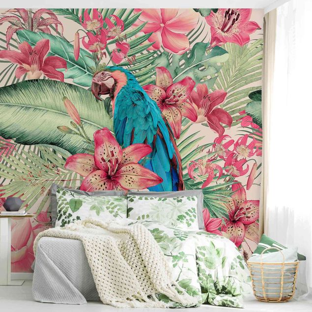 Wanddeko Schlafzimmer Blumenparadies tropischer Papagei
