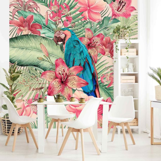 Wanddeko Flur Blumenparadies tropischer Papagei