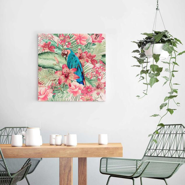 Wanddeko Schlafzimmer Blumenparadies tropischer Papagei