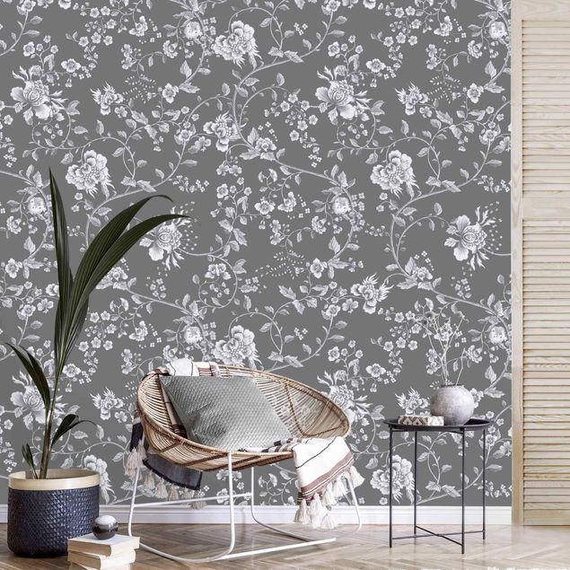 Wanddeko Wohnzimmer Blumenranken auf Grau