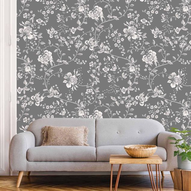 Wanddeko grau Blumenranken auf Grau