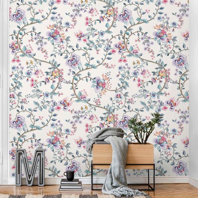 Wanddeko Wohnzimmer Blumenranken in Pastell