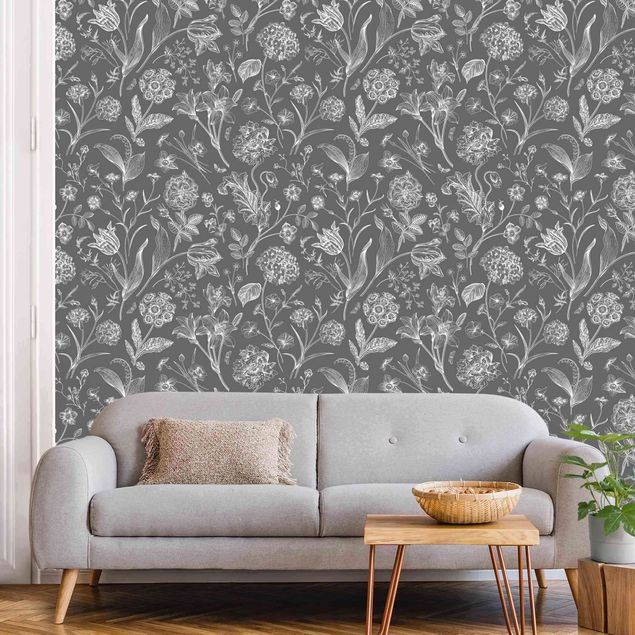 Wanddeko Wohnzimmer Blumentanz auf Grau