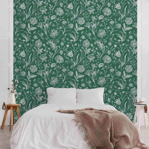 Wanddeko Schlafzimmer Blumentanz auf Grün