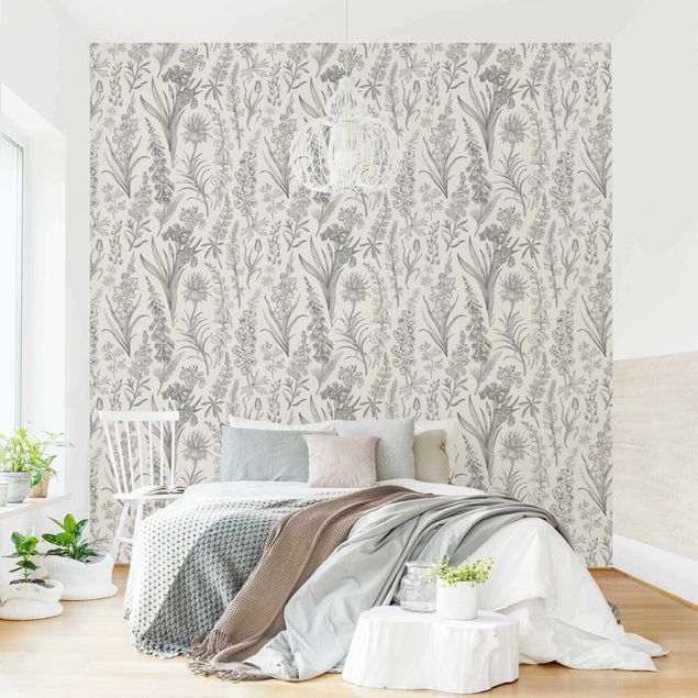 Wanddeko Wohnzimmer Blumenwellen in Grau