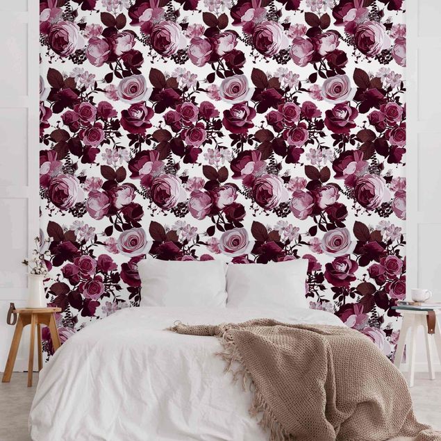 Wanddeko Wohnzimmer Bordeaux Rosen mit braunen Blättern