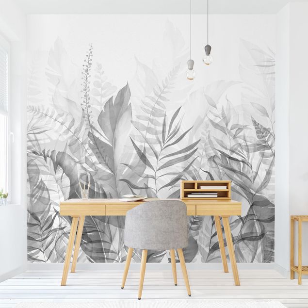Wanddeko Schlafzimmer Botanik - Tropische Blätter Grau