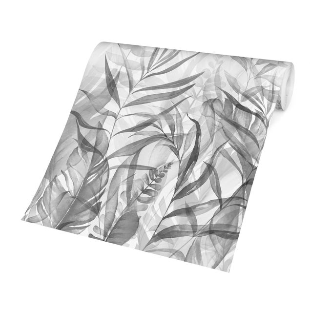 Wanddeko Esszimmer Botanik - Tropische Blätter Grau