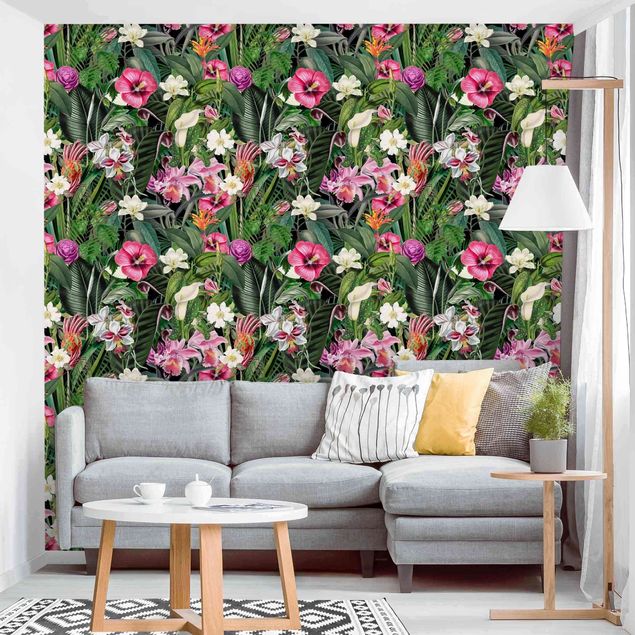 Wanddeko Wohnzimmer Bunte tropische Blumen Collage